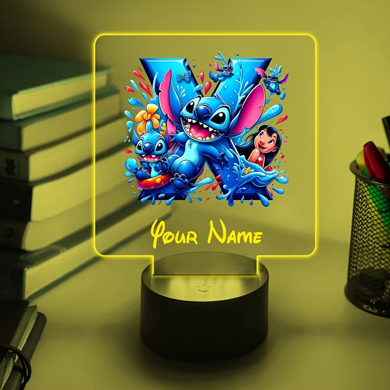 A Personalized Acrylic Night Light Featuring a Cartoon Design of Disney'S Stitch And Lilo with 26 Letters, Customizable with a Name, Color-Changing LED Table Lamp for The Bedroom, Powered by USB Or Batteries, Includes a USB Cable (Batteries Not Included),