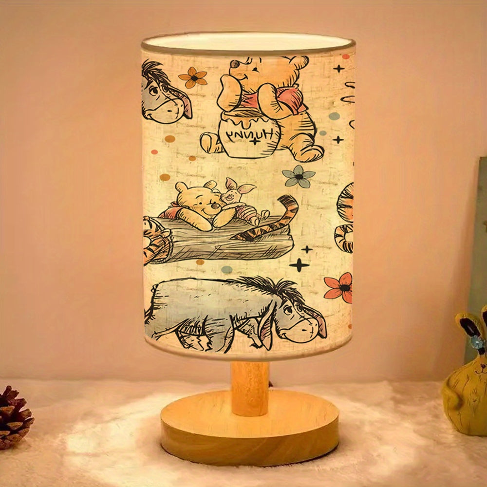 Disney Winnie the Pooh Cartoon Wooden Base Table Lamp with Linen Shade, USB Powered, Suitable for Bedroom and Living Room Decor, Perfect Gift for Family and Friends