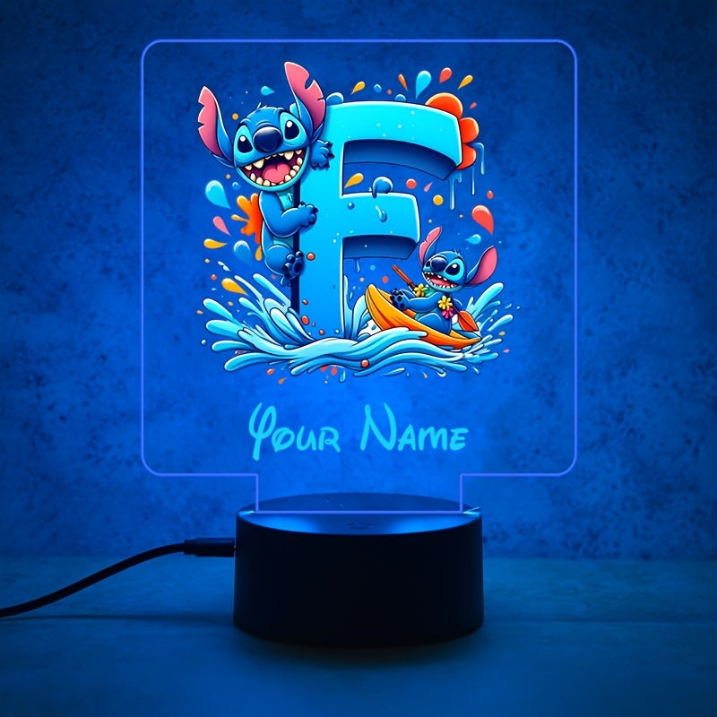 A Personalized Acrylic Night Light Featuring a Cartoon Design of Disney'S Stitch And Lilo with 26 Letters, Customizable with a Name, Color-Changing LED Table Lamp for The Bedroom, Powered by USB Or Batteries, Includes a USB Cable (Batteries Not Included),