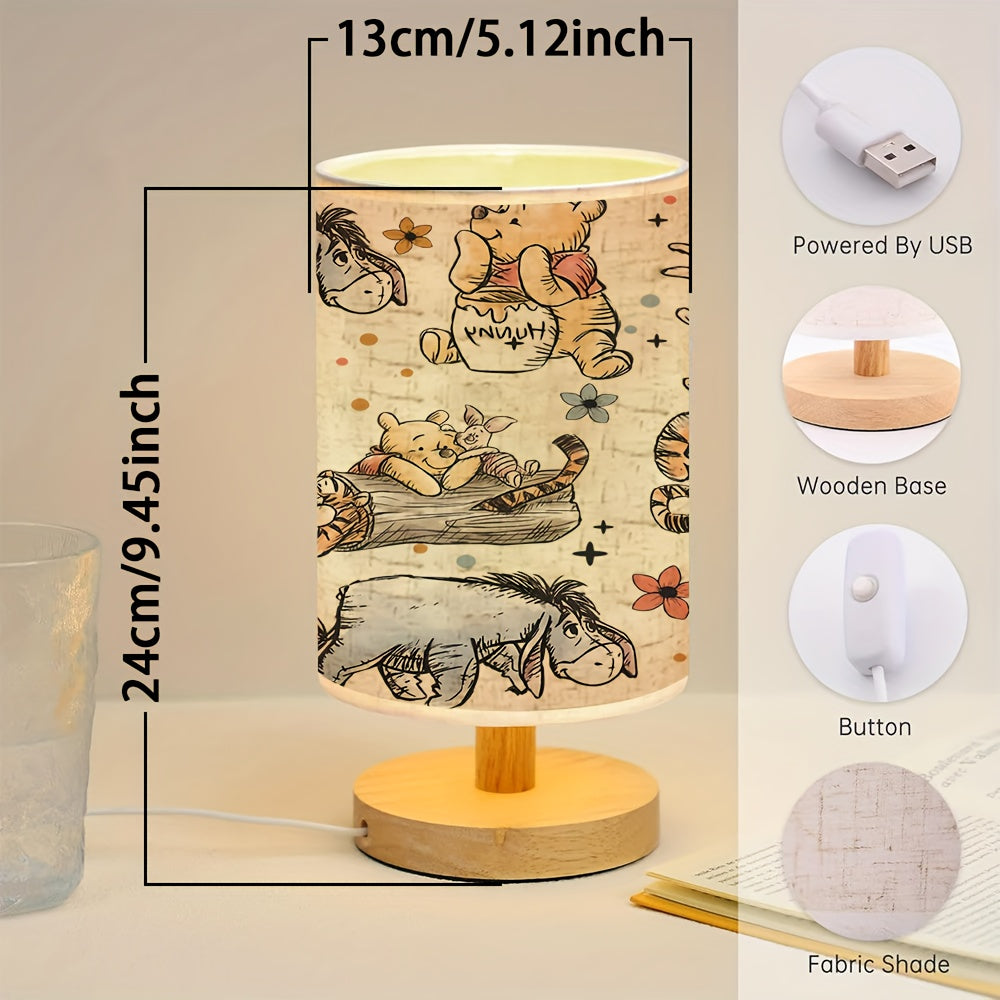 Disney Winnie the Pooh Cartoon Wooden Base Table Lamp with Linen Shade, USB Powered, Suitable for Bedroom and Living Room Decor, Perfect Gift for Family and Friends