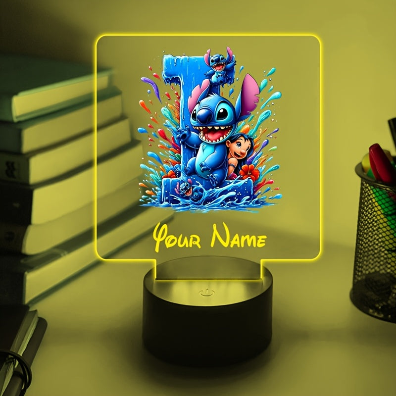 A Personalized Acrylic Night Light Featuring a Cartoon Design of Disney'S Stitch And Lilo with 26 Letters, Customizable with a Name, Color-Changing LED Table Lamp for The Bedroom, Powered by USB Or Batteries, Includes a USB Cable (Batteries Not Included),