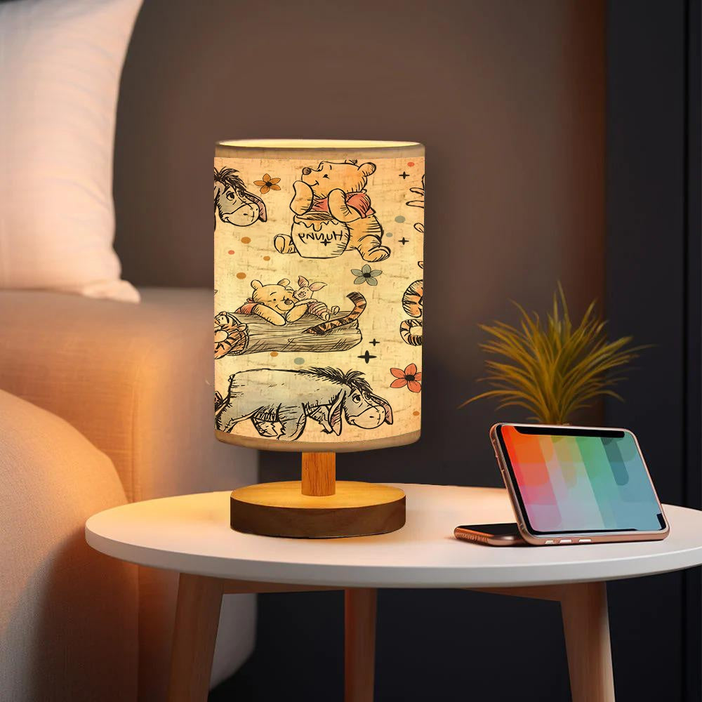 Disney Winnie the Pooh Cartoon Wooden Base Table Lamp with Linen Shade, USB Powered, Suitable for Bedroom and Living Room Decor, Perfect Gift for Family and Friends