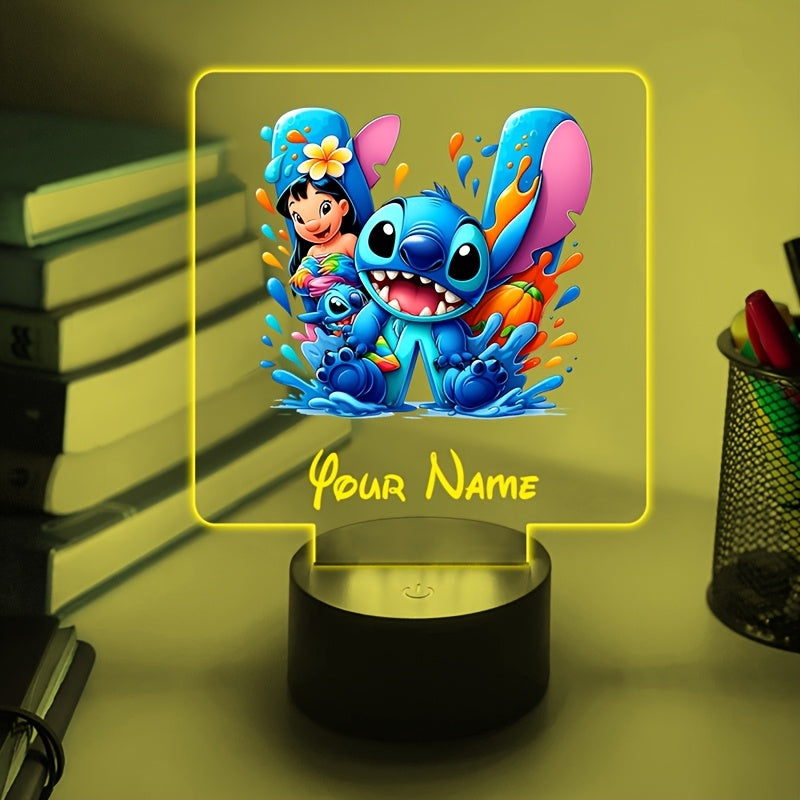 A Personalized Acrylic Night Light Featuring a Cartoon Design of Disney'S Stitch And Lilo with 26 Letters, Customizable with a Name, Color-Changing LED Table Lamp for The Bedroom, Powered by USB Or Batteries, Includes a USB Cable (Batteries Not Included),