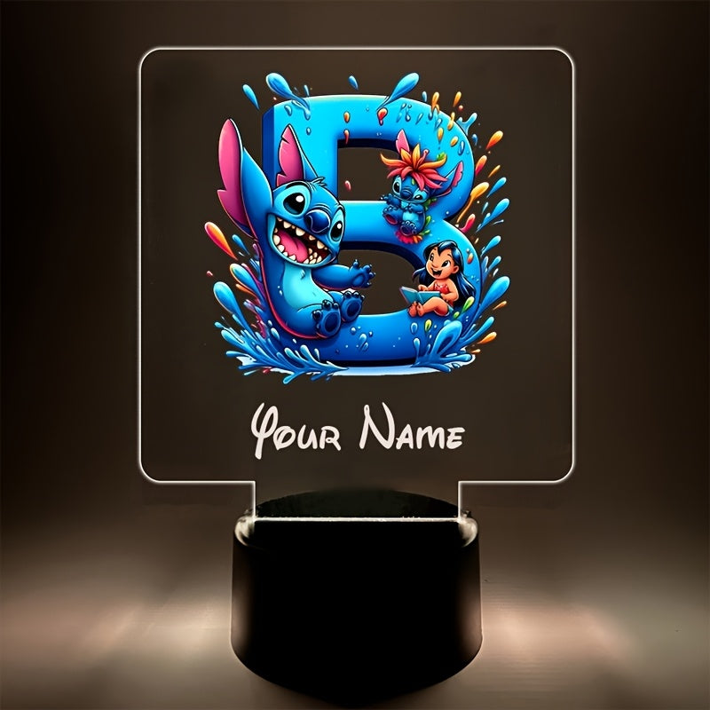 A Personalized Acrylic Night Light Featuring a Cartoon Design of Disney'S Stitch And Lilo with 26 Letters, Customizable with a Name, Color-Changing LED Table Lamp for The Bedroom, Powered by USB Or Batteries, Includes a USB Cable (Batteries Not Included),