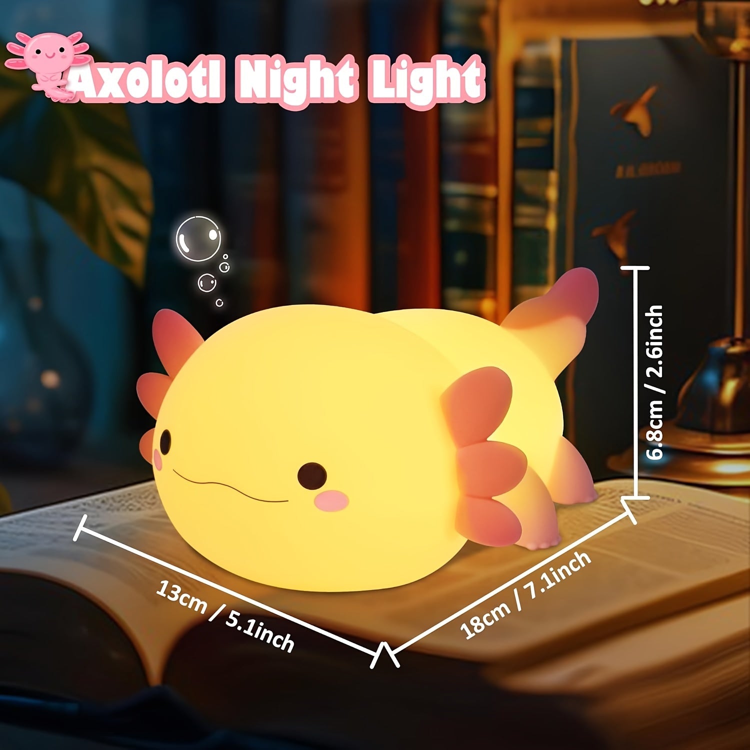 Anime Axolotl Night Light - Cute Pink Silicone, Dimmable Rechargeable LED, 1200mAh Lithium Battery, USB Charging, Touch Lamp for Bedside Decor