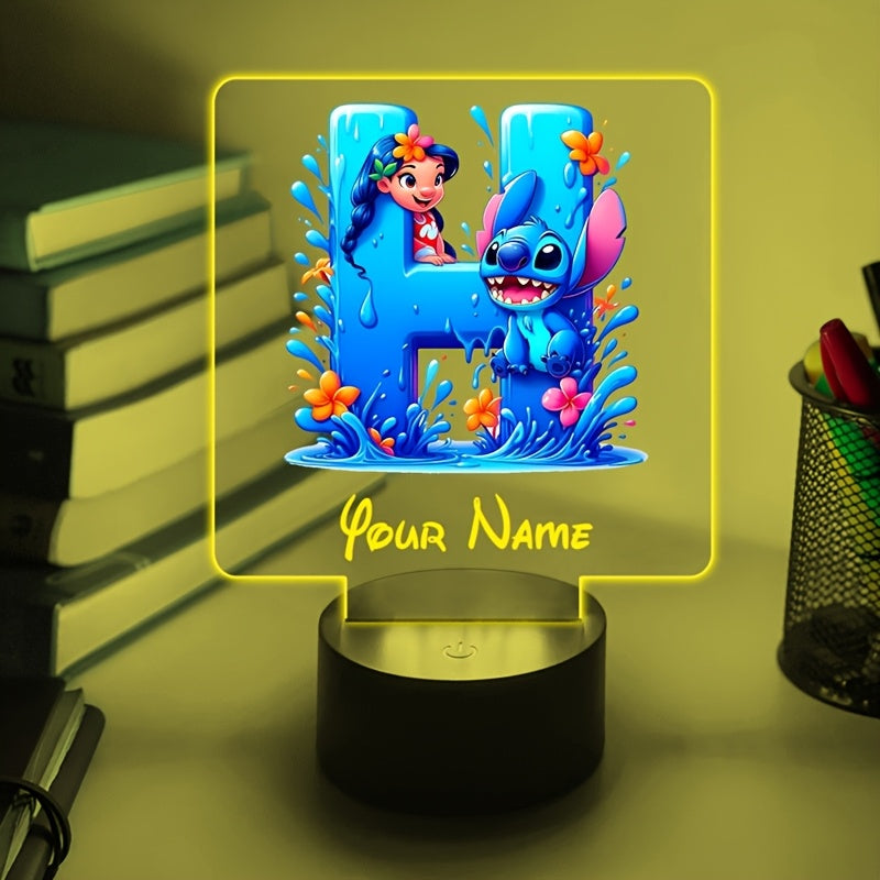 A Personalized Acrylic Night Light Featuring a Cartoon Design of Disney'S Stitch And Lilo with 26 Letters, Customizable with a Name, Color-Changing LED Table Lamp for The Bedroom, Powered by USB Or Batteries, Includes a USB Cable (Batteries Not Included),