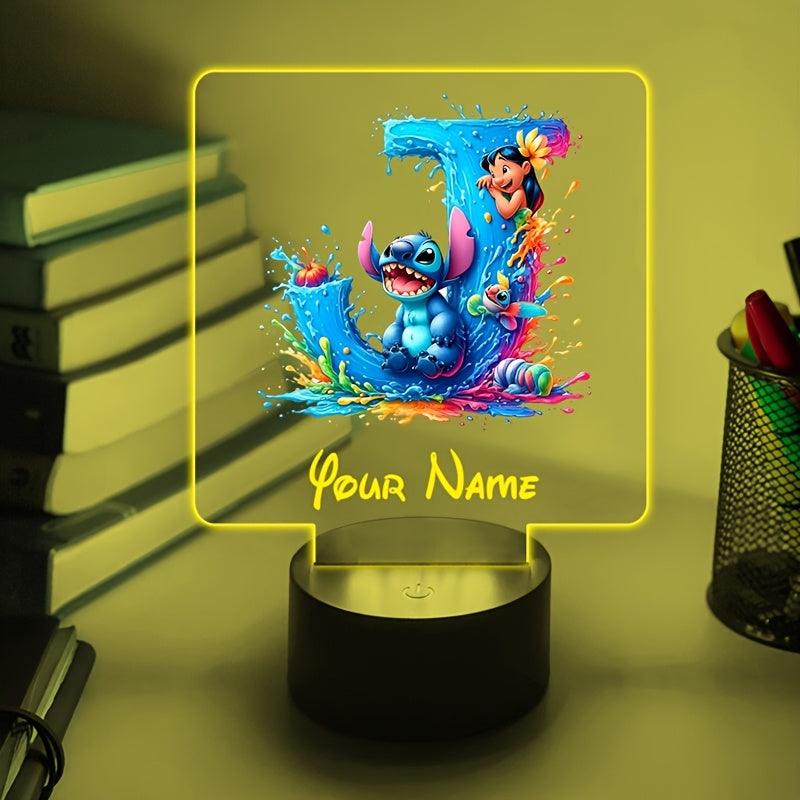 A Personalized Acrylic Night Light Featuring a Cartoon Design of Disney'S Stitch And Lilo with 26 Letters, Customizable with a Name, Color-Changing LED Table Lamp for The Bedroom, Powered by USB Or Batteries, Includes a USB Cable (Batteries Not Included),