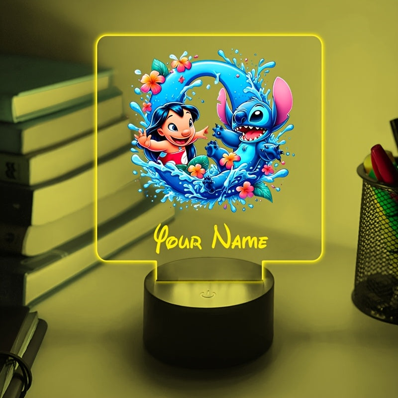 A Personalized Acrylic Night Light Featuring a Cartoon Design of Disney'S Stitch And Lilo with 26 Letters, Customizable with a Name, Color-Changing LED Table Lamp for The Bedroom, Powered by USB Or Batteries, Includes a USB Cable (Batteries Not Included),