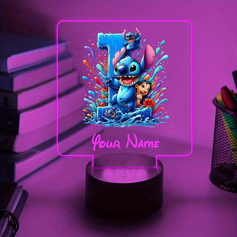 A Personalized Acrylic Night Light Featuring a Cartoon Design of Disney'S Stitch And Lilo with 26 Letters, Customizable with a Name, Color-Changing LED Table Lamp for The Bedroom, Powered by USB Or Batteries, Includes a USB Cable (Batteries Not Included),