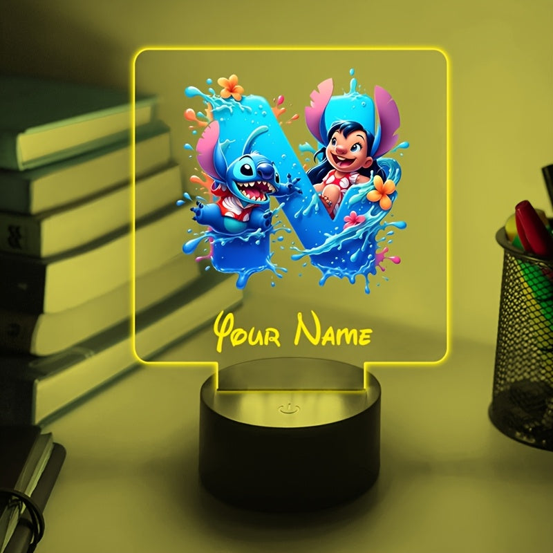 A Personalized Acrylic Night Light Featuring a Cartoon Design of Disney'S Stitch And Lilo with 26 Letters, Customizable with a Name, Color-Changing LED Table Lamp for The Bedroom, Powered by USB Or Batteries, Includes a USB Cable (Batteries Not Included),