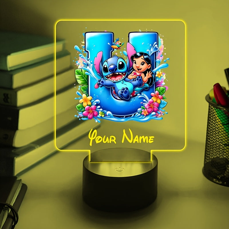 A Personalized Acrylic Night Light Featuring a Cartoon Design of Disney'S Stitch And Lilo with 26 Letters, Customizable with a Name, Color-Changing LED Table Lamp for The Bedroom, Powered by USB Or Batteries, Includes a USB Cable (Batteries Not Included),