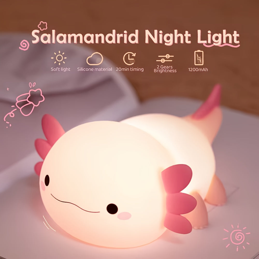 Anime Axolotl Night Light - Cute Pink Silicone, Dimmable Rechargeable LED, 1200mAh Lithium Battery, USB Charging, Touch Lamp for Bedside Decor