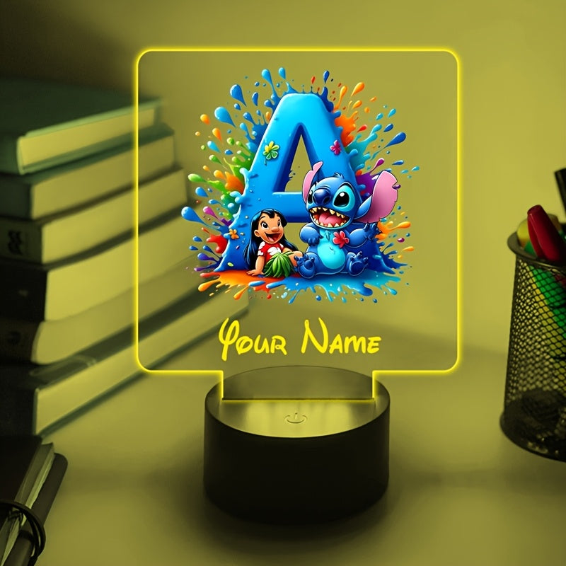 A Personalized Acrylic Night Light Featuring a Cartoon Design of Disney'S Stitch And Lilo with 26 Letters, Customizable with a Name, Color-Changing LED Table Lamp for The Bedroom, Powered by USB Or Batteries, Includes a USB Cable (Batteries Not Included),