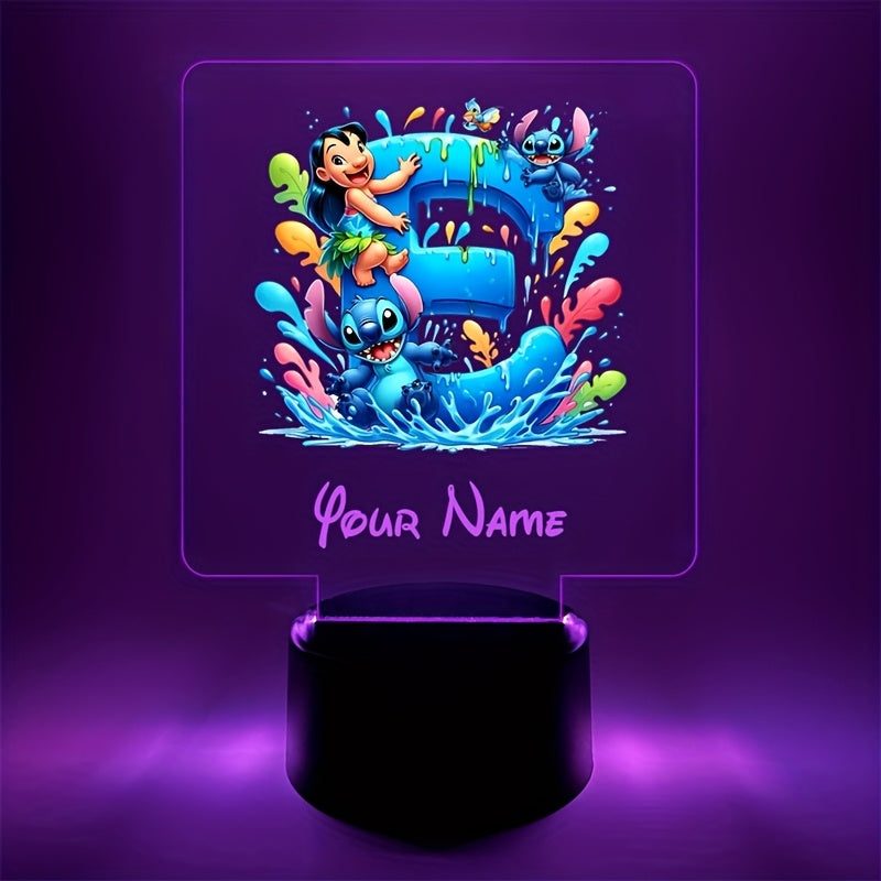 A Personalized Acrylic Night Light Featuring a Cartoon Design of Disney'S Stitch And Lilo with 26 Letters, Customizable with a Name, Color-Changing LED Table Lamp for The Bedroom, Powered by USB Or Batteries, Includes a USB Cable (Batteries Not Included),