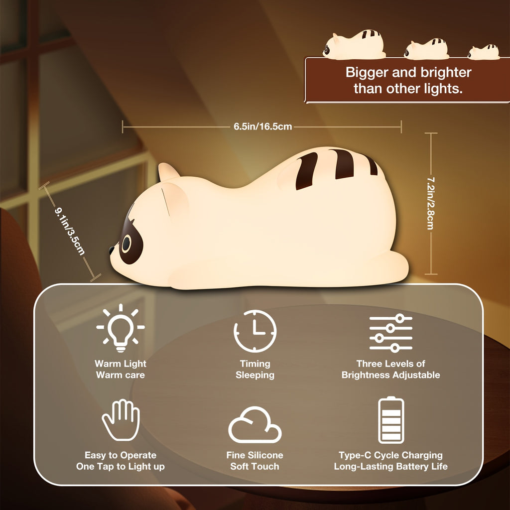 Cute Raccoon LED Night Light - Touch-Controlled, Rechargeable, Dimmable Table Lamp with Adorable Animal Design for Bedroom Decor, mothers day gifts, Cozy Ambient Lighting for Home, Easter gifts