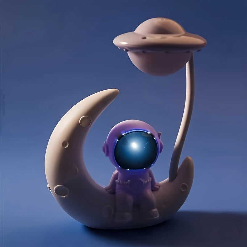 1pc Astronaut on Moon LED Nightlight - USB Rechargeable, Adjustable Brightness, Color-Changing Desk Lamp, Contemporary Style with Umbrella-Holding Astronaut Design, Ideal for Bedroom Decor and Christmas Gift, Ambient Lighting|Astronaut Theme|Painted