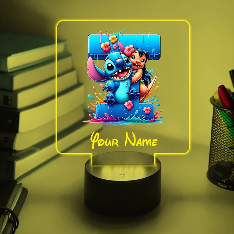 A Personalized Acrylic Night Light Featuring a Cartoon Design of Disney'S Stitch And Lilo with 26 Letters, Customizable with a Name, Color-Changing LED Table Lamp for The Bedroom, Powered by USB Or Batteries, Includes a USB Cable (Batteries Not Included),
