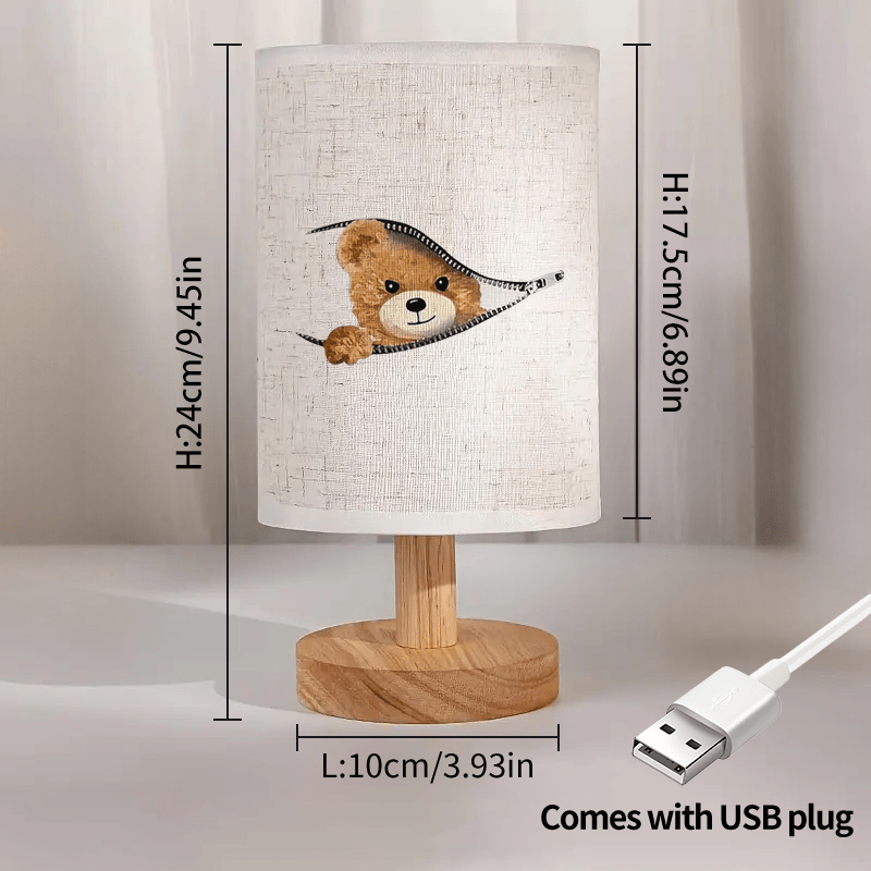 Adorable Bear Print Atmosphere Bedside Lamp, Nordic Log Color Table Lamp, LED Light Suitable for Bedroom and Dormitory, Indoor LED Light with Cloth Shade, Powered by USB - No Battery Required - Suitable for Home and Office Use, Perfect as a Gift