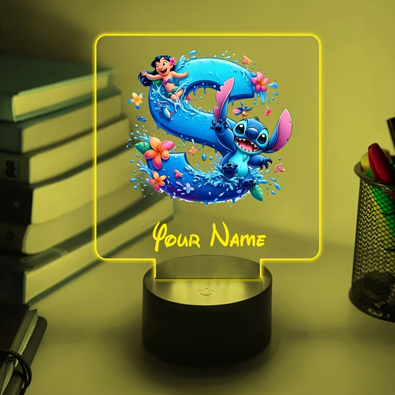 A Personalized Acrylic Night Light Featuring a Cartoon Design of Disney'S Stitch And Lilo with 26 Letters, Customizable with a Name, Color-Changing LED Table Lamp for The Bedroom, Powered by USB Or Batteries, Includes a USB Cable (Batteries Not Included),