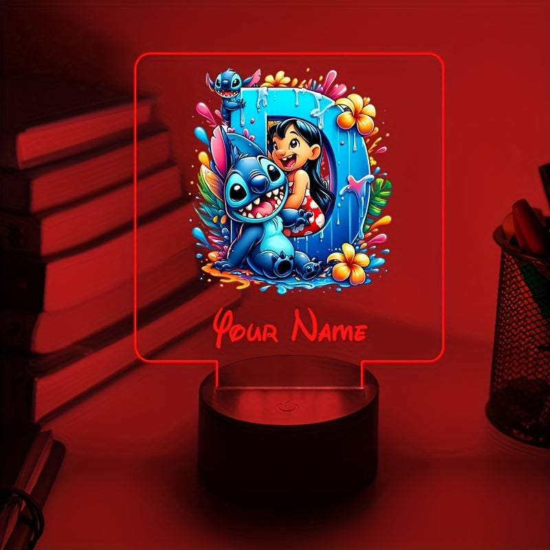 A Personalized Acrylic Night Light Featuring a Cartoon Design of Disney'S Stitch And Lilo with 26 Letters, Customizable with a Name, Color-Changing LED Table Lamp for The Bedroom, Powered by USB Or Batteries, Includes a USB Cable (Batteries Not Included),