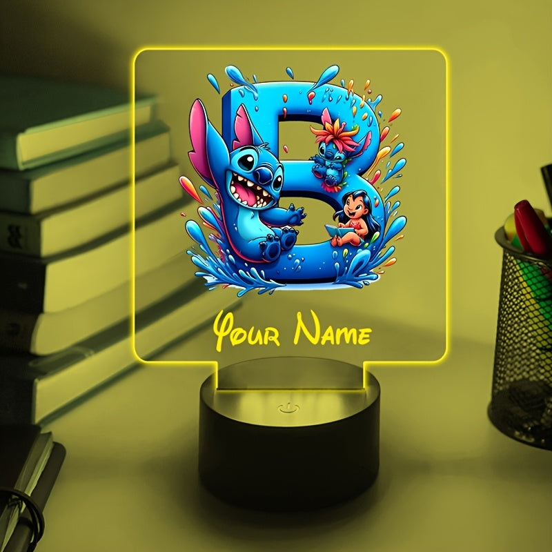 A Personalized Acrylic Night Light Featuring a Cartoon Design of Disney'S Stitch And Lilo with 26 Letters, Customizable with a Name, Color-Changing LED Table Lamp for The Bedroom, Powered by USB Or Batteries, Includes a USB Cable (Batteries Not Included),