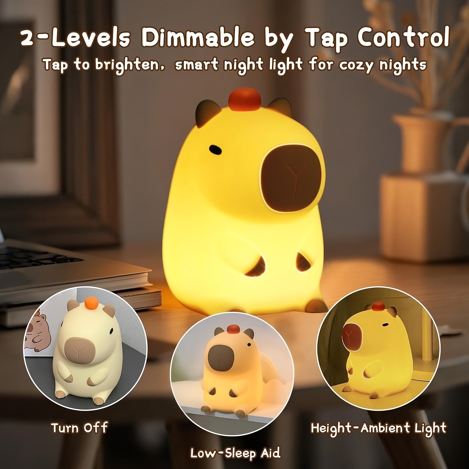 Kapibara Cute Night Light, USB Rechargeable with USB Cable, 1200mAh Long Battery Life, Great for Room Ambiance, Everyone Will Love It, Relaxing Gift Idea, USB Lighting Fixture, Computer Accessories & Peripherals