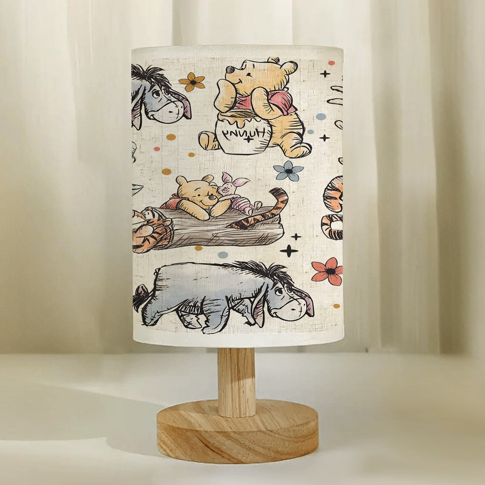 Disney Winnie the Pooh Cartoon Wooden Base Table Lamp with Linen Shade, USB Powered, Suitable for Bedroom and Living Room Decor, Perfect Gift for Family and Friends
