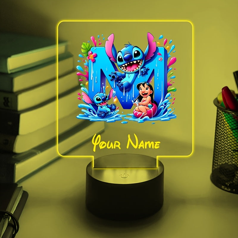 A Personalized Acrylic Night Light Featuring a Cartoon Design of Disney'S Stitch And Lilo with 26 Letters, Customizable with a Name, Color-Changing LED Table Lamp for The Bedroom, Powered by USB Or Batteries, Includes a USB Cable (Batteries Not Included),