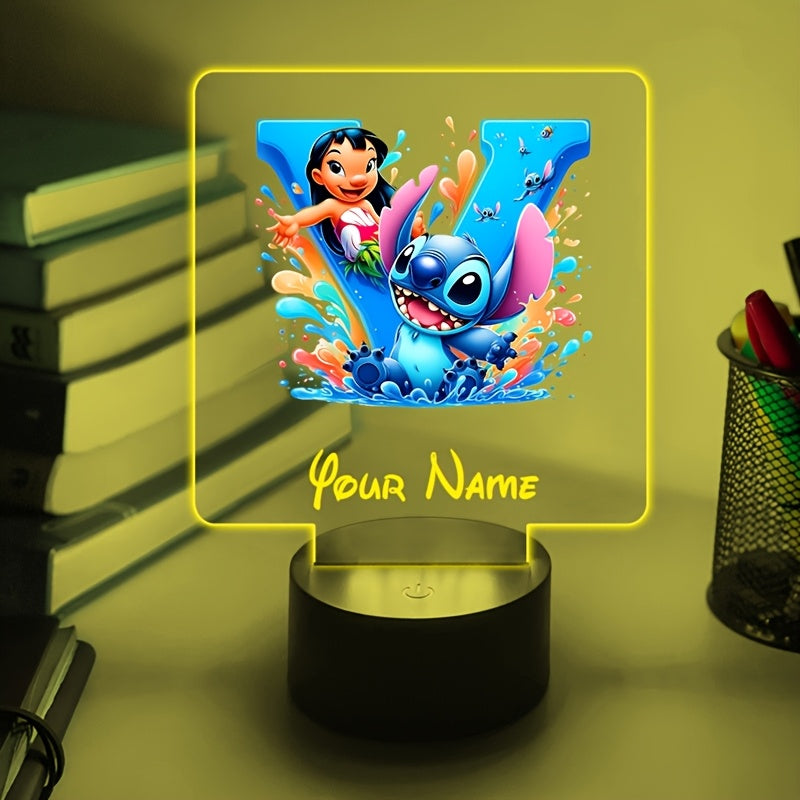 A Personalized Acrylic Night Light Featuring a Cartoon Design of Disney'S Stitch And Lilo with 26 Letters, Customizable with a Name, Color-Changing LED Table Lamp for The Bedroom, Powered by USB Or Batteries, Includes a USB Cable (Batteries Not Included),