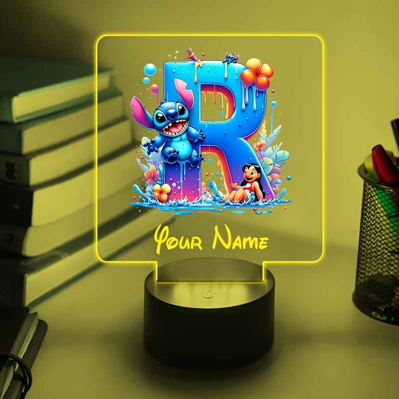 A Personalized Acrylic Night Light Featuring a Cartoon Design of Disney'S Stitch And Lilo with 26 Letters, Customizable with a Name, Color-Changing LED Table Lamp for The Bedroom, Powered by USB Or Batteries, Includes a USB Cable (Batteries Not Included),