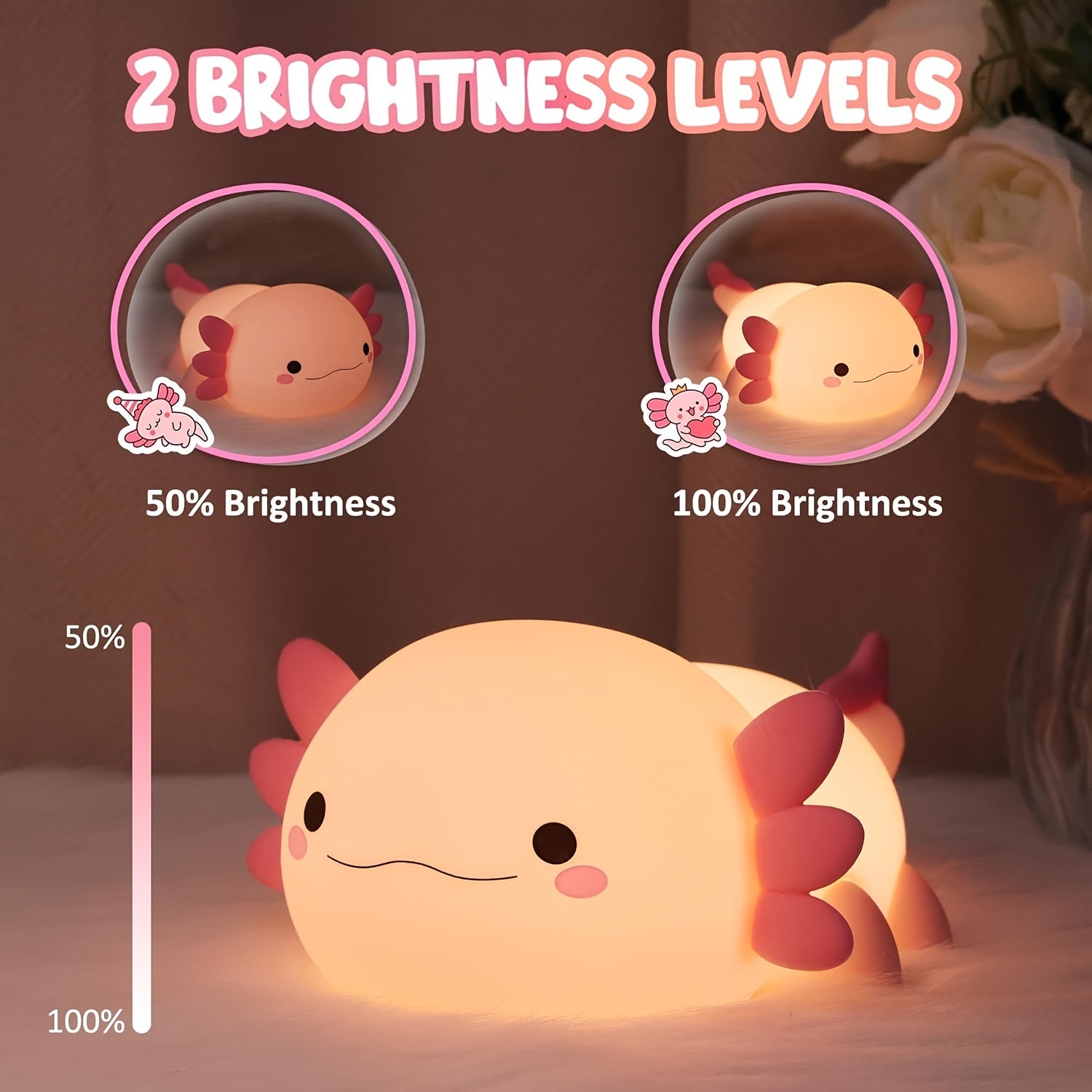 Anime Axolotl Night Light - Cute Pink Silicone, Dimmable Rechargeable LED, 1200mAh Lithium Battery, USB Charging, Touch Lamp for Bedside Decor