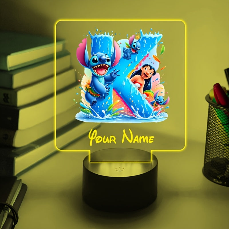 A Personalized Acrylic Night Light Featuring a Cartoon Design of Disney'S Stitch And Lilo with 26 Letters, Customizable with a Name, Color-Changing LED Table Lamp for The Bedroom, Powered by USB Or Batteries, Includes a USB Cable (Batteries Not Included),