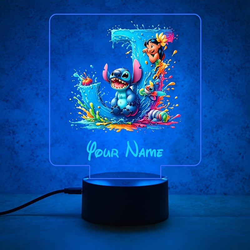 A Personalized Acrylic Night Light Featuring a Cartoon Design of Disney'S Stitch And Lilo with 26 Letters, Customizable with a Name, Color-Changing LED Table Lamp for The Bedroom, Powered by USB Or Batteries, Includes a USB Cable (Batteries Not Included),