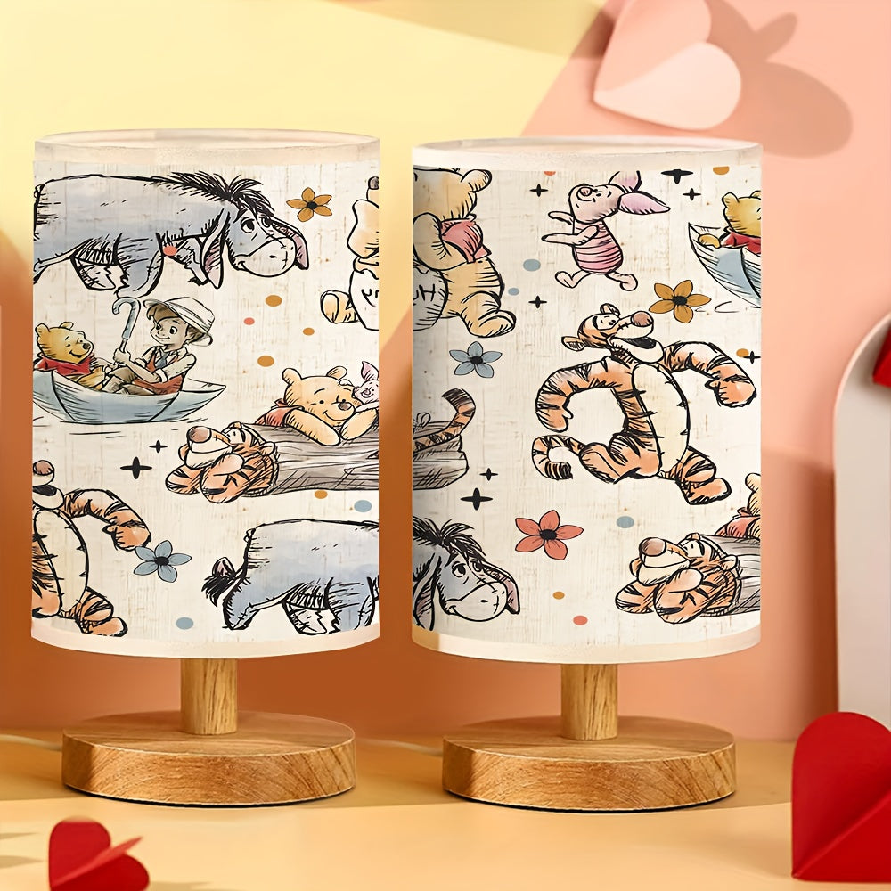 Disney Winnie the Pooh Cartoon Wooden Base Table Lamp with Linen Shade, USB Powered, Suitable for Bedroom and Living Room Decor, Perfect Gift for Family and Friends