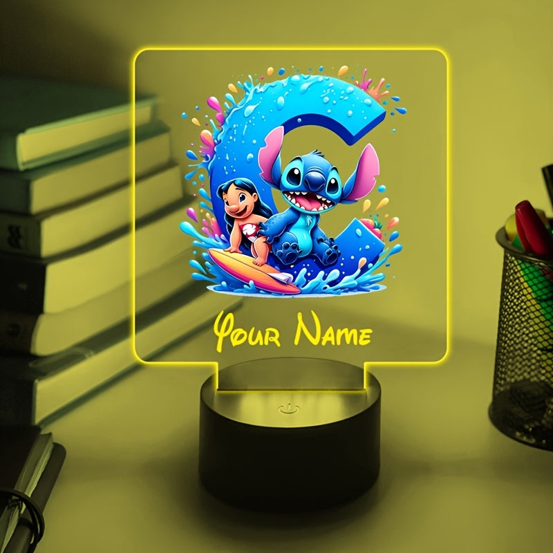 A Personalized Acrylic Night Light Featuring a Cartoon Design of Disney'S Stitch And Lilo with 26 Letters, Customizable with a Name, Color-Changing LED Table Lamp for The Bedroom, Powered by USB Or Batteries, Includes a USB Cable (Batteries Not Included),