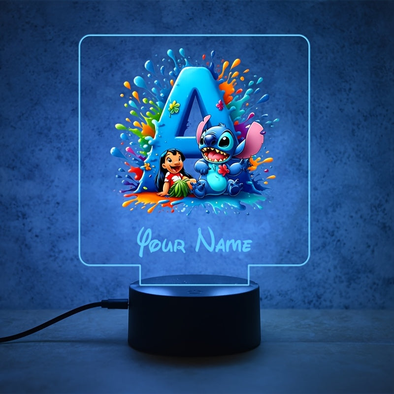 A Personalized Acrylic Night Light Featuring a Cartoon Design of Disney'S Stitch And Lilo with 26 Letters, Customizable with a Name, Color-Changing LED Table Lamp for The Bedroom, Powered by USB Or Batteries, Includes a USB Cable (Batteries Not Included),