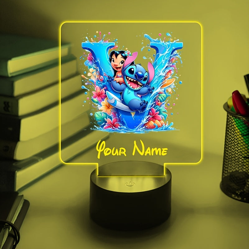 A Personalized Acrylic Night Light Featuring a Cartoon Design of Disney'S Stitch And Lilo with 26 Letters, Customizable with a Name, Color-Changing LED Table Lamp for The Bedroom, Powered by USB Or Batteries, Includes a USB Cable (Batteries Not Included),