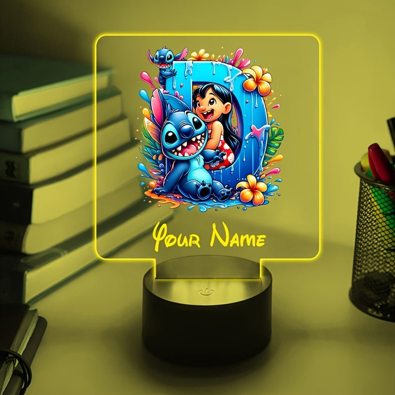 A Personalized Acrylic Night Light Featuring a Cartoon Design of Disney'S Stitch And Lilo with 26 Letters, Customizable with a Name, Color-Changing LED Table Lamp for The Bedroom, Powered by USB Or Batteries, Includes a USB Cable (Batteries Not Included),