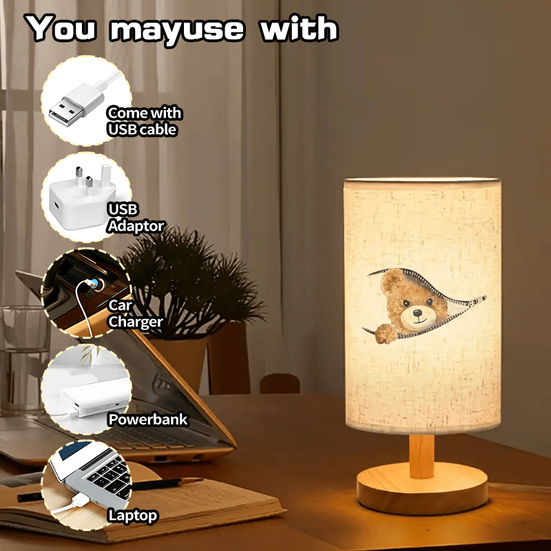 Adorable Bear Print Atmosphere Bedside Lamp, Nordic Log Color Table Lamp, LED Light Suitable for Bedroom and Dormitory, Indoor LED Light with Cloth Shade, Powered by USB - No Battery Required - Suitable for Home and Office Use, Perfect as a Gift