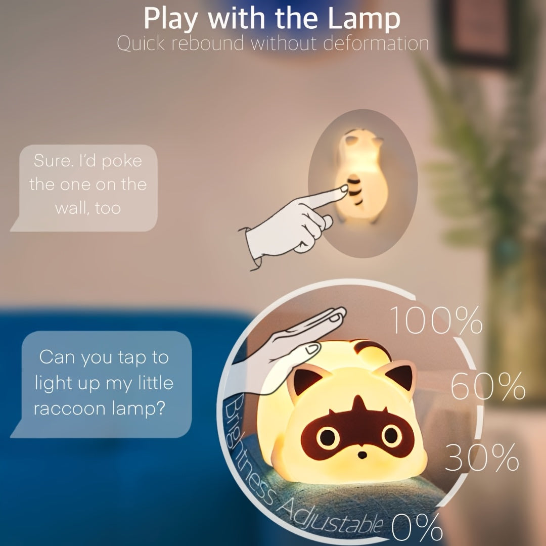 Cute Raccoon LED Night Light - Touch-Controlled, Rechargeable, Dimmable Table Lamp with Adorable Animal Design for Bedroom Decor, mothers day gifts, Cozy Ambient Lighting for Home, Easter gifts
