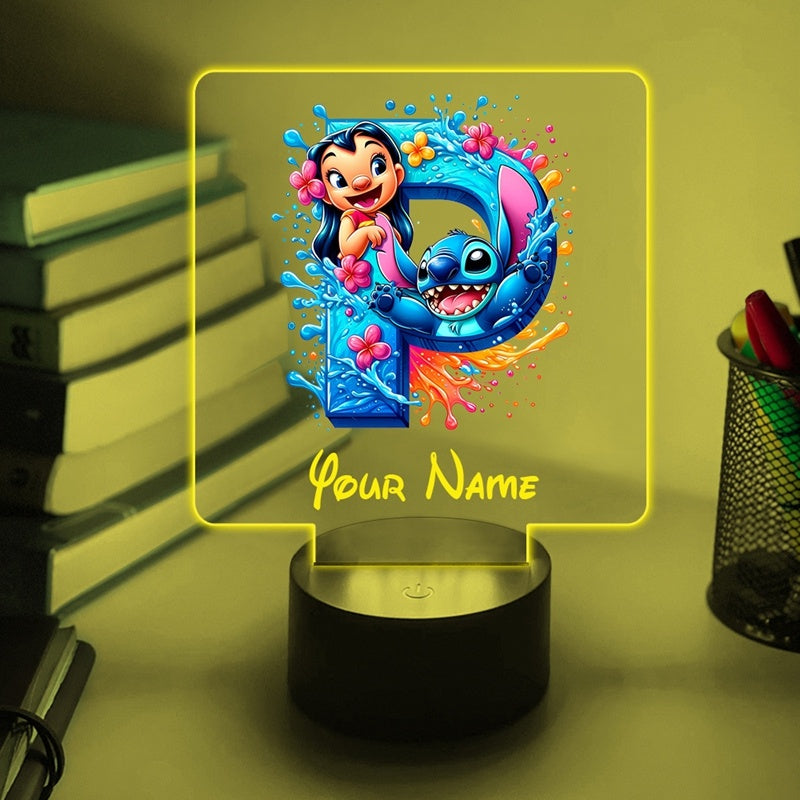 A Personalized Acrylic Night Light Featuring a Cartoon Design of Disney'S Stitch And Lilo with 26 Letters, Customizable with a Name, Color-Changing LED Table Lamp for The Bedroom, Powered by USB Or Batteries, Includes a USB Cable (Batteries Not Included),