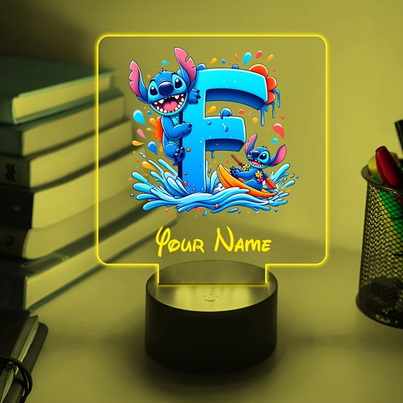 A Personalized Acrylic Night Light Featuring a Cartoon Design of Disney'S Stitch And Lilo with 26 Letters, Customizable with a Name, Color-Changing LED Table Lamp for The Bedroom, Powered by USB Or Batteries, Includes a USB Cable (Batteries Not Included),