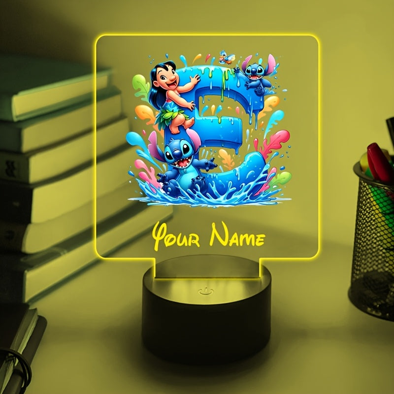 A Personalized Acrylic Night Light Featuring a Cartoon Design of Disney'S Stitch And Lilo with 26 Letters, Customizable with a Name, Color-Changing LED Table Lamp for The Bedroom, Powered by USB Or Batteries, Includes a USB Cable (Batteries Not Included),