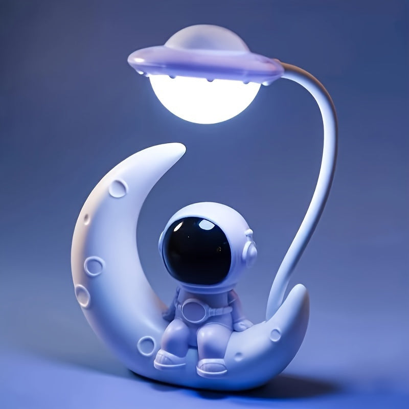 1pc Astronaut on Moon LED Nightlight - USB Rechargeable, Adjustable Brightness, Color-Changing Desk Lamp, Contemporary Style with Umbrella-Holding Astronaut Design, Ideal for Bedroom Decor and Christmas Gift, Ambient Lighting|Astronaut Theme|Painted