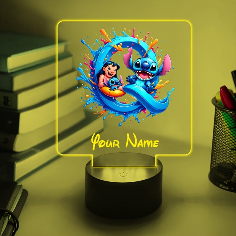 A Personalized Acrylic Night Light Featuring a Cartoon Design of Disney'S Stitch And Lilo with 26 Letters, Customizable with a Name, Color-Changing LED Table Lamp for The Bedroom, Powered by USB Or Batteries, Includes a USB Cable (Batteries Not Included),