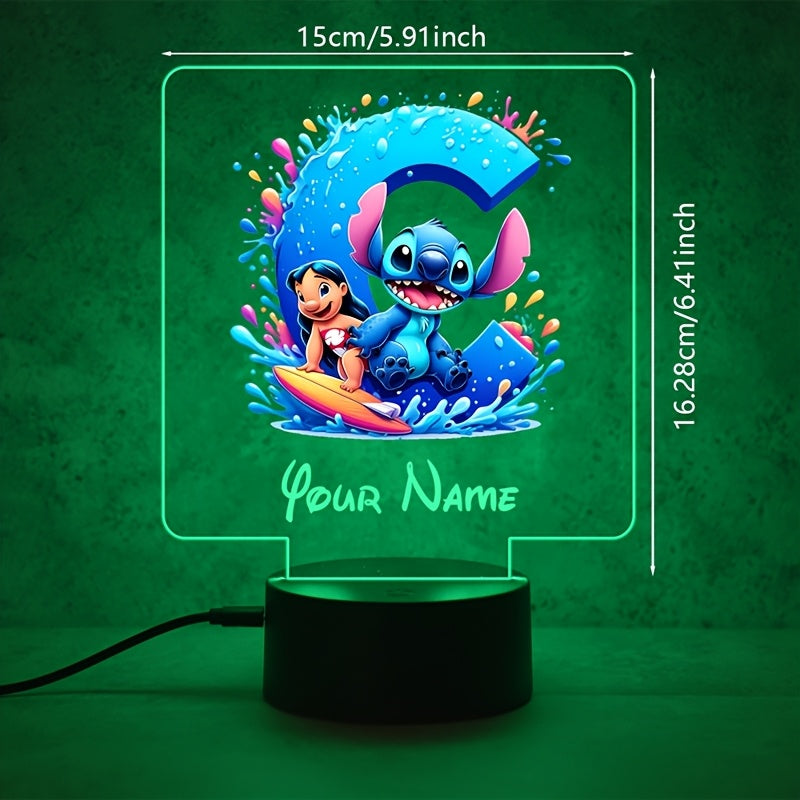 A Personalized Acrylic Night Light Featuring a Cartoon Design of Disney'S Stitch And Lilo with 26 Letters, Customizable with a Name, Color-Changing LED Table Lamp for The Bedroom, Powered by USB Or Batteries, Includes a USB Cable (Batteries Not Included),