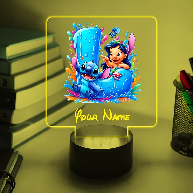 A Personalized Acrylic Night Light Featuring a Cartoon Design of Disney'S Stitch And Lilo with 26 Letters, Customizable with a Name, Color-Changing LED Table Lamp for The Bedroom, Powered by USB Or Batteries, Includes a USB Cable (Batteries Not Included),