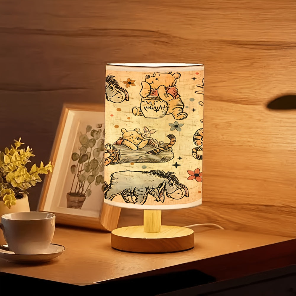 Disney Winnie the Pooh Cartoon Wooden Base Table Lamp with Linen Shade, USB Powered, Suitable for Bedroom and Living Room Decor, Perfect Gift for Family and Friends