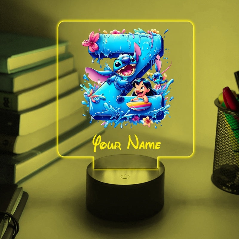 A Personalized Acrylic Night Light Featuring a Cartoon Design of Disney'S Stitch And Lilo with 26 Letters, Customizable with a Name, Color-Changing LED Table Lamp for The Bedroom, Powered by USB Or Batteries, Includes a USB Cable (Batteries Not Included),
