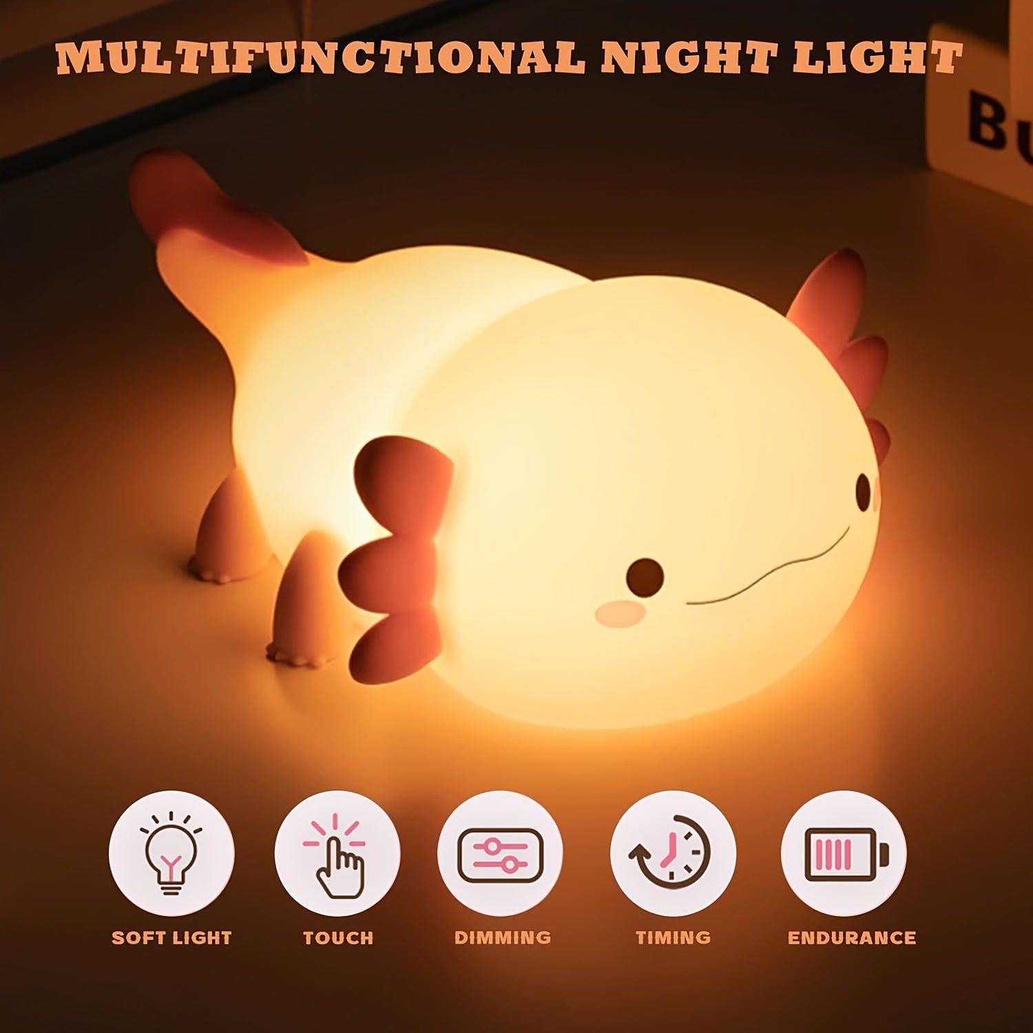 Anime Axolotl Night Light - Cute Pink Silicone, Dimmable Rechargeable LED, 1200mAh Lithium Battery, USB Charging, Touch Lamp for Bedside Decor